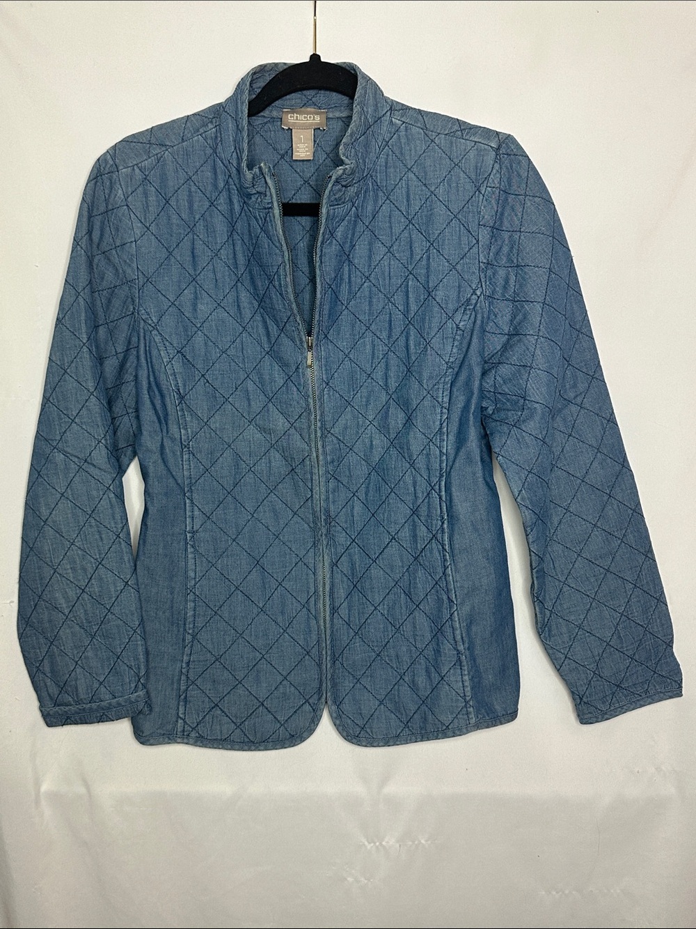 CHICOS | Quilted Chambray Stonewash Mock Zip Jacket with Pockets, Size 1